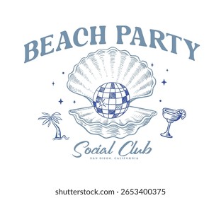 Beach party vintage design with typography, Sea shell disco ball vector art, Summer beach club artwork for t shirt, poster, tote bag