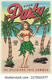 Beach party vintage flyer colorful beauty woman with cocktail posing in bikini standing on sand near palm trees vector illustration