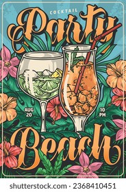 Beach party vintage flyer colorful with two glasses cocktail or ice tea located among exotic flowers and plants vector illustration