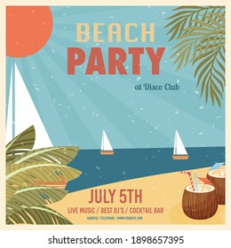 Beach party vintage poster invitation card template. Vector illustration.