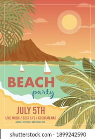 Beach party vintage poster invitation card template. Vector illustration.