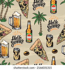 Beach party vintage seamless pattern colorful cold beer in mugs and bottles and pizza with hello summer palm vector illustration