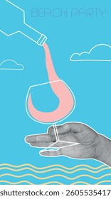 Beach party, wine pouring into glass, drinking. Vector illustration hand holding glass of alcohol, white wine, cocktail