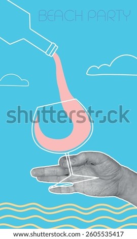 Beach party, wine pouring into glass, drinking. Vector illustration hand holding glass of alcohol, white wine, cocktail