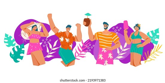 Beach party with young people at abstract backdrop, flat vector illustration isolated on white background. Beach and pool party and fun.