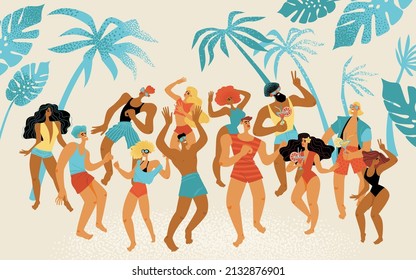 Beach party. Young people in beachwear are dancing and drinking cocktails. Vector illustration in cartoon style