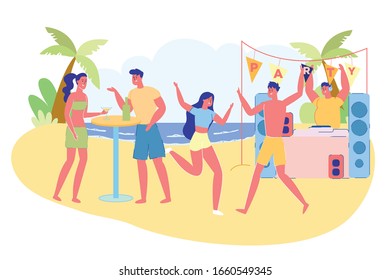 Beach Party for Young Tourists, Flat Illustration. Boys and Girls Dance, Chat and Drink Cocktails. Next to them DJ Stand with Speakers, from there Cheerful Music Plays. They have Fun on Sunny Beach.
