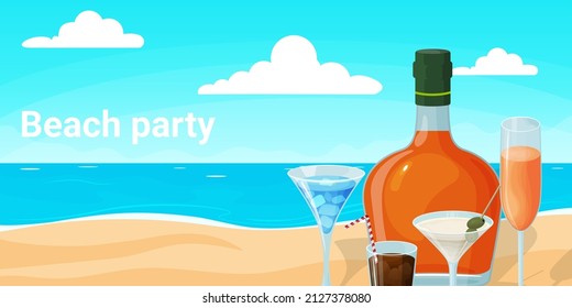 Beach party.Alcoholic cocktails on the background of the sea and the beach.Vector illustration.