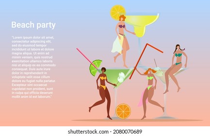 Beach party.People are relaxing and enjoying themselves on a summer beach.The concept of rest, travel and vacation.Poster in business style.Flat vector illustration.