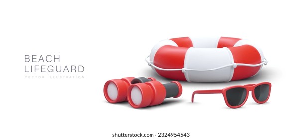 Beach patrol. Equipment for surveillance and rescue. Safe rest on water. Lifeguard services. Color 3D illustration on white background. Vector poster in cartoon style