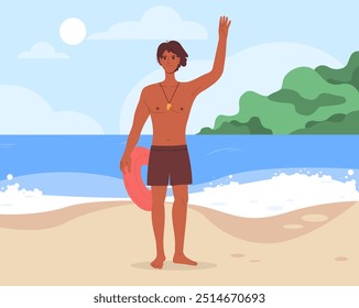 Beach patrol man. Young guy in swimming trunks with inflatable ring stands on sandy beach. Safety in tropical and exotic countries. Lifeguard at coastline. Flat vector illustration