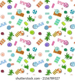 Beach pattern of bright umbrellas. Summer landscape, sunny day. Seamless vector image on a transparent background.