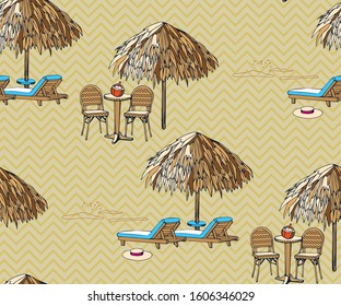 Beach pattern with chair and table. Decorative background. Vector seamless pattern illustration. Print for textile, cloth, wallpaper, scrapbooking