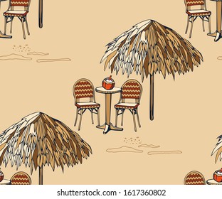 Beach pattern with chair and table. Decorative background. Vector seamless pattern illustration. Print for textile, cloth, wallpaper, scrapbooking