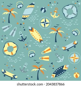 Beach pattern with palms, surf, sketboards, yawors, fins. Print for gift paper, wrapping, scrapbooking, book covers, textile, fabric, greeting cards. Teal background.