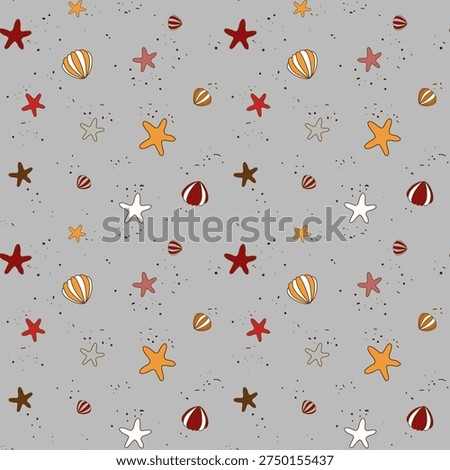 Beach pattern. Sea background. Seamless vector illustration with starfish ocean shells on grey color. Repeating summer marine life figures abstract wallpaper