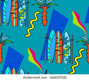 Beach pattern with surfing board. Decorative background. Vector seamless pattern illustration. Print for textile, cloth, wallpaper, scrapbooking