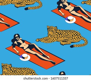 Beach pattern with surfing board. Decorative background. Vector seamless pattern illustration. Print for textile, cloth, wallpaper, scrapbooking