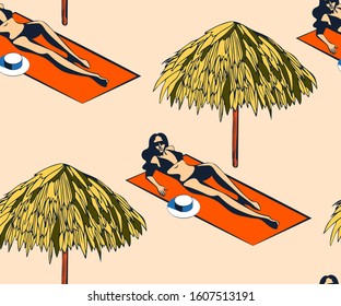Beach pattern with surfing board. Decorative background. Vector seamless pattern illustration. Print for textile, cloth, wallpaper, scrapbooking