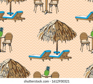 Beach pattern with surfing board. Decorative background. Vector seamless pattern illustration. Print for textile, cloth, wallpaper, scrapbooking