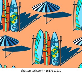 Beach pattern with surfing board. Decorative background. Vector seamless pattern illustration. Print for textile, cloth, wallpaper, scrapbooking