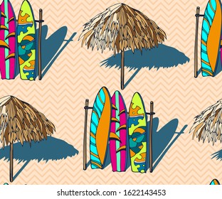 Beach pattern with surfing board. Decorative background. Vector seamless pattern illustration. Print for textile, cloth, wallpaper, scrapbooking