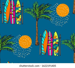 Beach pattern with surfing board. Decorative background. Vector seamless pattern illustration. Print for textile, cloth, wallpaper, scrapbooking