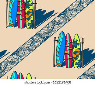 Beach pattern with surfing board. Decorative background. Vector seamless pattern illustration. Print for textile, cloth, wallpaper, scrapbooking