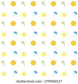 beach pattern - umbrellas, palm branches, the sun, citrus slices.