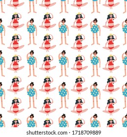Beach pattern with womans in a swimsuit. Pattern for textiles, cards, bedding, clothes, wrapping paper, wallpaper and other design.