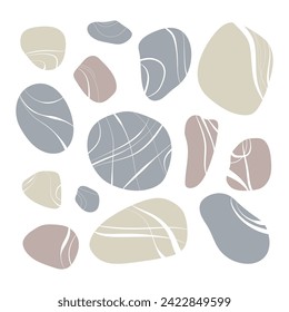 Beach pebble stone set. Hand drawn smooth stone of different shape. Organic rick from river landscape, speck shape. Vector illustration isolated on white background.