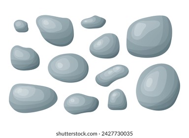 Conjunto de piedras de playa. Piedra lisa dibujada a mano de diferente forma. Arroz orgánico del paisaje del río, forma de mota. Ilustración vectorial aislada sobre fondo blanco