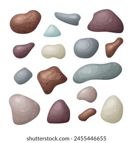 Beach pebble stone set. Hand drawn smooth stone of different shape. Organic rick from river landscape, speck shape. Vector illustration isolated on white background