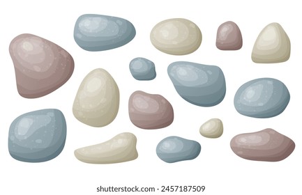 Beach pebble stone set. Hand drawn smooth stone of different shape. Organic rick from river landscape, speck shape. Vector illustration isolated on white background.