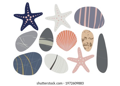 Beach pebbles, sea star, shell set. Hand drawn various shapes. Modern illustration in vector. Different shapes, colors and textures set. Various forms of sea rock pebbles isolated on white background.