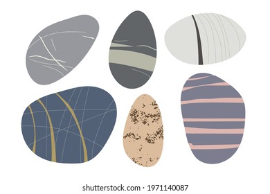 Beach pebbles shape set. Hand drawn various shapes. Modern illustration in vector. Different shapes and colors and textures set. Various forms of sea rock pebbles isolated on white background