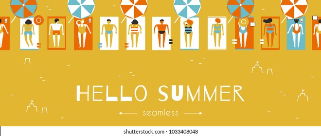 Beach, people in bathing suits play beach volleyball. Seamless border. Trendy abstract flat illustration for advertising seasonal and tourist recreation. Vector illustration