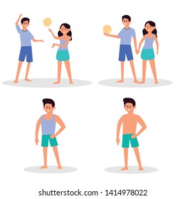 Beach people. couple holiday vacation, sunbathing on beach and happy friends summer fun. Traveler characters,  play volley, swimmer surfboard tourism. Cartoon vector isolated icons illustration set