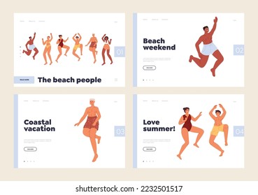 Beach people enjoy coastal summer vacation concept of landing pages set with happy young tourist dance. Joyful students have fun on summer vacation at sea. Cartoon flat vector illustration