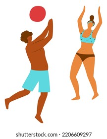 Beach people. Man and woman play volleyball together. Summer vacation. Sea shore leisure. Happy persons in swimsuits. Active games on sand. Couple rest. Volley players