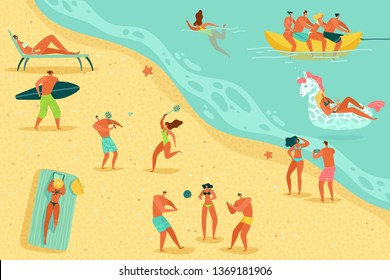 Beach People Relaxing. Persons Swim Sunbathing Women Men Kids Water Games Sea Ocean Family Summer Vacation Sunbathe Relax, Flat Vector Concept