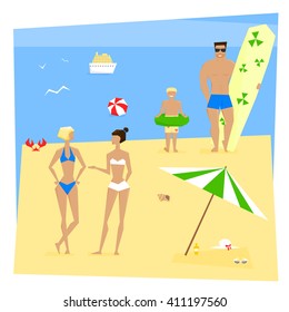 Beach with people and summer items