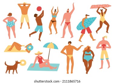 Beach people. Summer men or women in bikinis and swimming trunks. Characters with surfboards and hats. Sunbathing or relax. Persons play with ball and surfing. Vector set