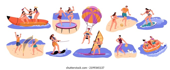 Beach people, summer sea activities. Friends game play, person swim in ocean, boys and girls leisure time, parachuting and surfing. Vector cartoon characters