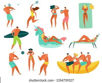 Beach people. Summer vacation sea ocean family relax playing sports people swimming sunbathing walking fun activity characters vector isolated set