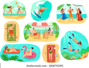 Beach people vector illustration set. Cartoon flat active happy man woman characters in sport activity, sunbathing in swimsuit, surfing or diving. Summer beachtime, beachfront party isolated on white