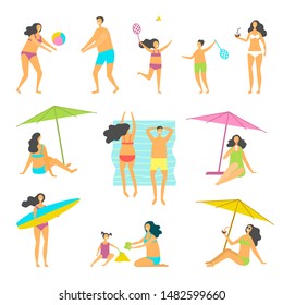 Beach people vector set. Man woman children going have fun interesting holidays illustration.