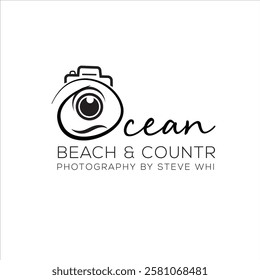 The Beach Photography logo features a vibrant, minimalist design with ocean waves, a sun, and a camera icon, perfect for brands capturing seaside moments with a fresh, tropical, and professional look.