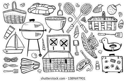 Beach, picnic and eating out objects vector outline hand drawn illustration set black on white background