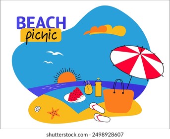 Beach picnic image with sunset, umbrella, watermelon, drinks, bag, sandals. Isolated illustration for summer fun, relaxation, seaside enjoyment, tropical vibes, outdoor leisure.